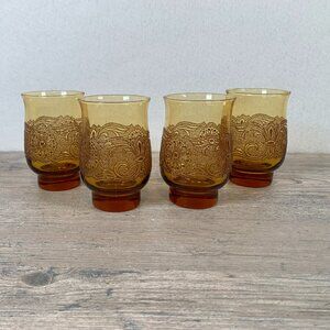 Set of 4 VTG Amber Libbey Americana Lace Embossed Glass Tumblers